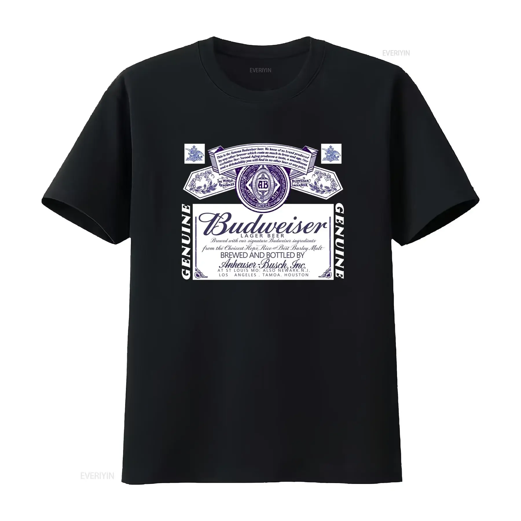 Men's Budweiser Lager Beer Print  T Shirt by Brew City World Renowned Design vintage Washed Stylish Casual Unisex Breathable