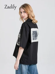 Short Sleeve Shirt for Women, Gothic Print, Loose Streetwear, Button, Patchwork, Female Clothing Tops, Summer Y2k, 2024