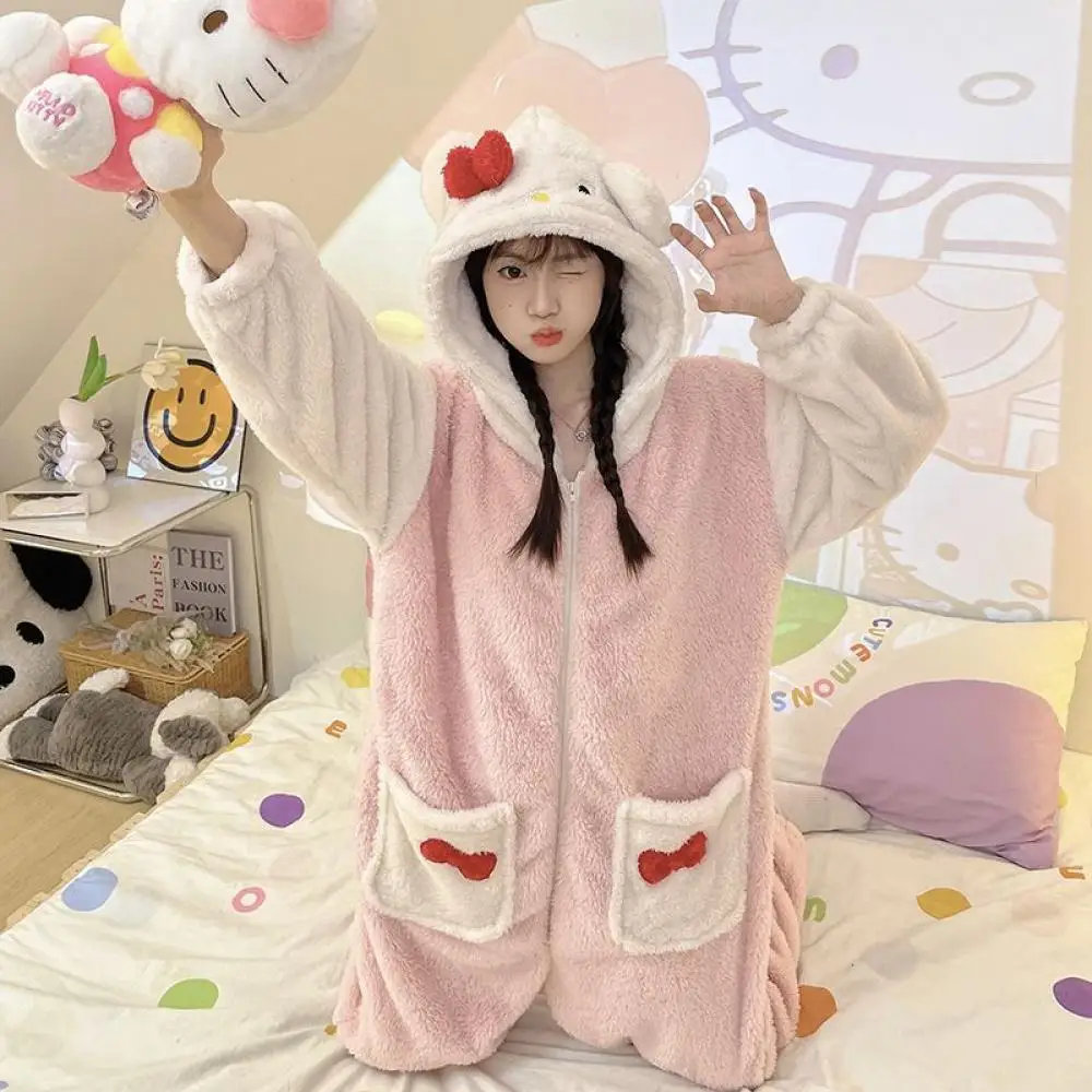 Cartoon Hallo Kitty Frauen Stück Pyjamas Sanrioed Anime Kawaii Overall Pyjamas Verdicken Korallen Fleece Winter Homewear Nette Mädchen