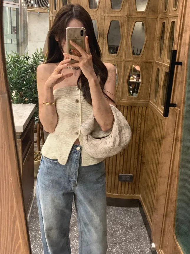 

Эластичный вязаный топ-труба, женский сексуальный топ на одной пуговице для похудения, простой вариант с открытым разрезом, маленькая верхняя часть тела, хлопок для поездок на работу