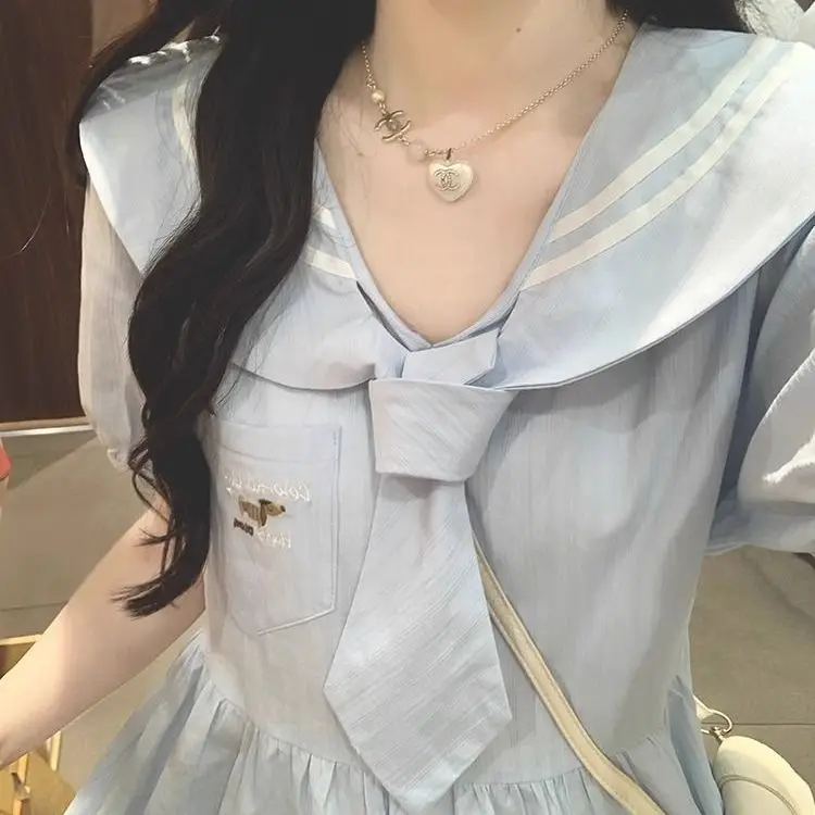 plus Size Navy Collar Dr Women Summer 300 Pou Waist Cinching Slimming Gentle First Love Long Dr Commute Sle High W...