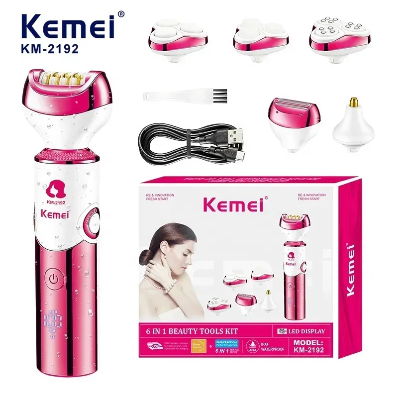 

Kemei KM-2192 Женская электрическая эпиляция 6-в-1: складная ручка, бритва, триммер, набор для массажной чистки.
