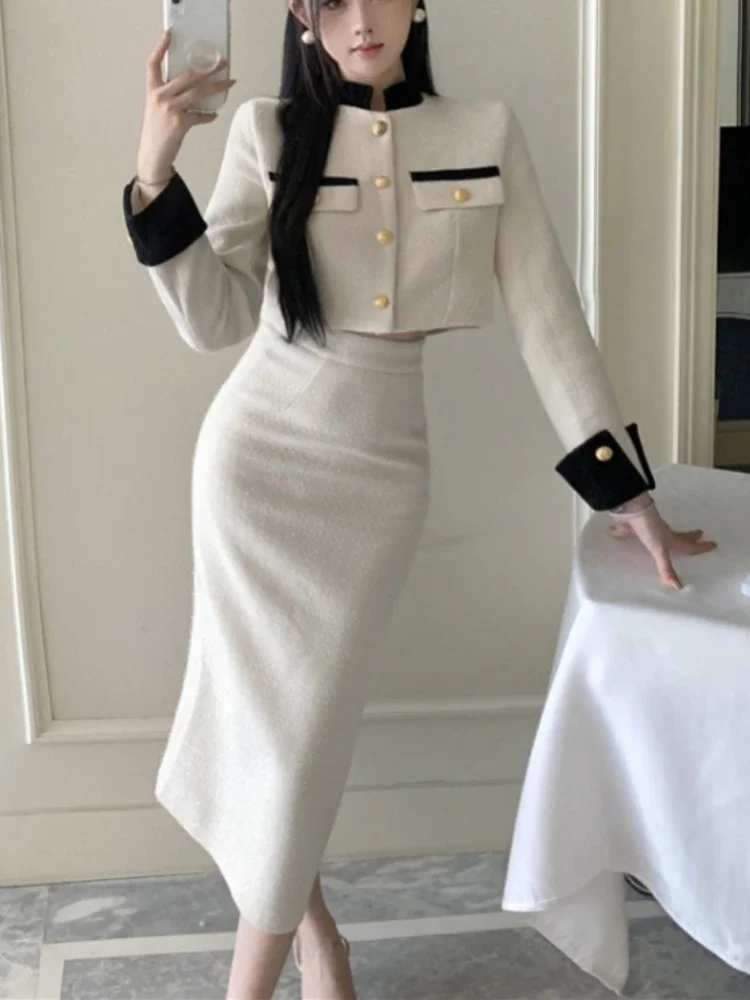 Autumn Winter French Vintage 2 Piece Set Women Korean Fashion Casual Party Suits Female Chic Long Sleeve Tops +Solid Skirt 2024