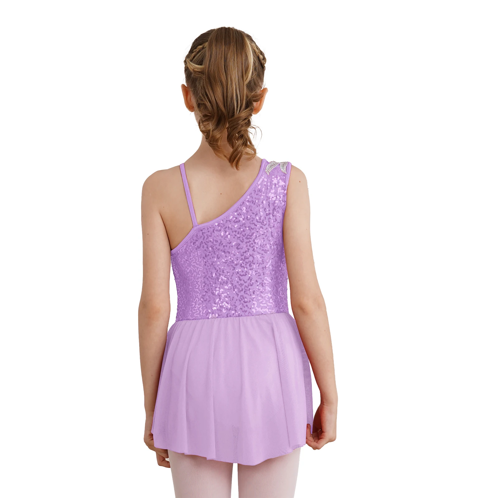 Vestito da ballo di balletto per ragazze per bambini abito da ballo di balletto con Patchwork decorato floreale senza maniche con paillettes a spalla obliqua