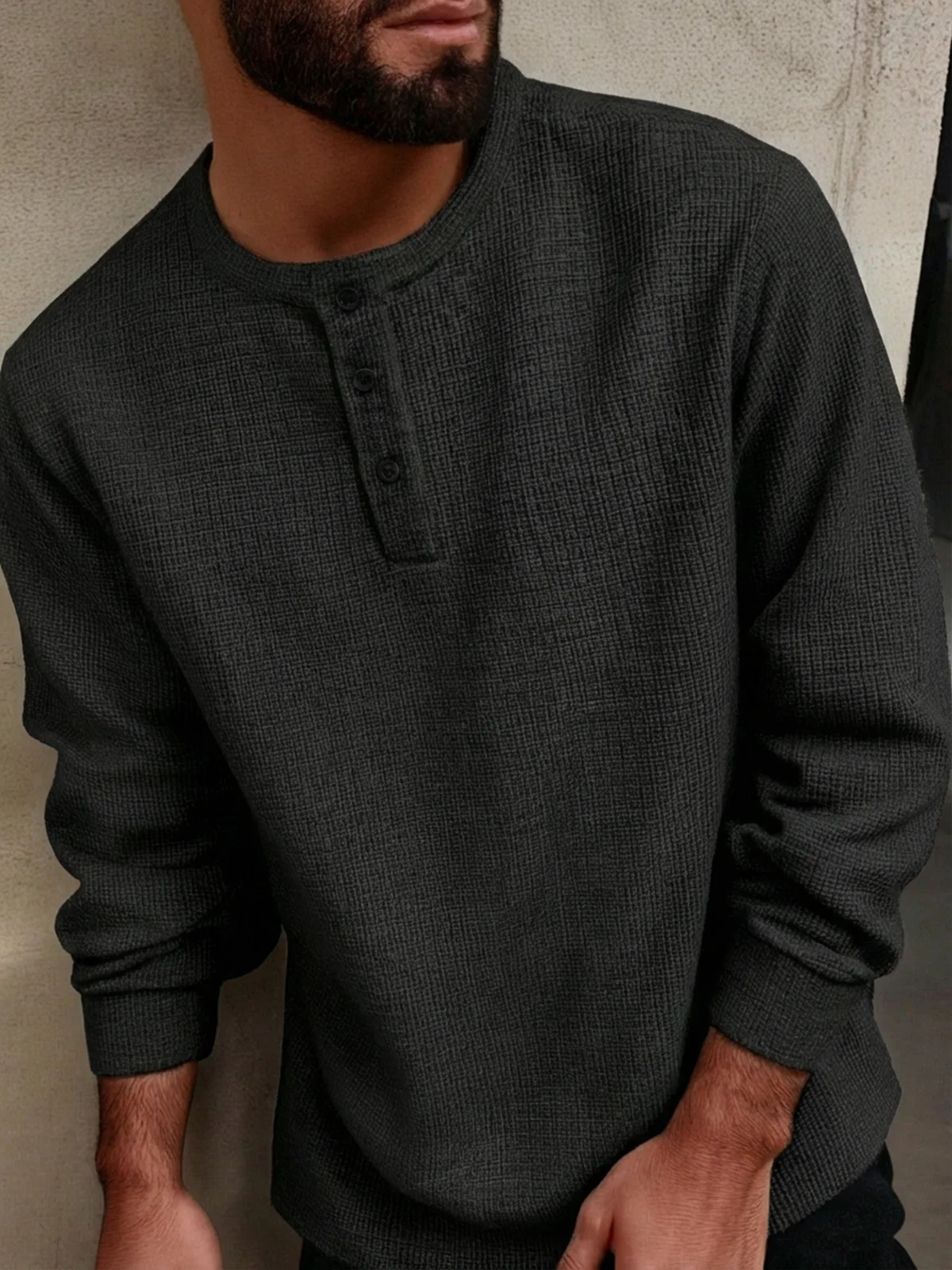 

Texture Henry collar sweatshirt button design, loose long sleeved cross-border plus size men's clothing