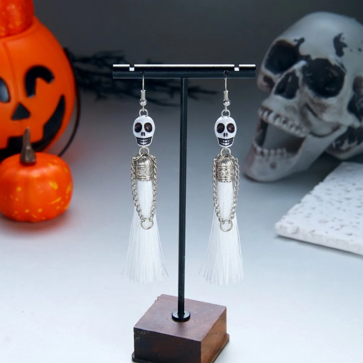 Halloween-Ohrringe mit bunten Quasten und Totenkopf-Anhänger für Damen, Punk-Street-Vintage-Cosplay-Ohrringe mit Skelett-Motiv, Schmuck – Detail 27