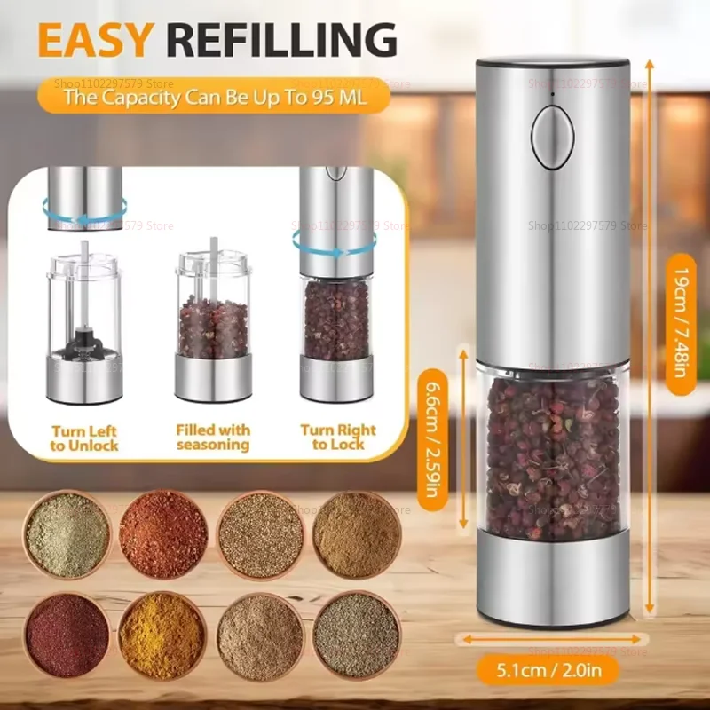 مطحنة فلفل كهربائية ذات سعة كبيرة 2 قطعة مطحنة فلفل أوتوماتيكية قابلة لإعادة الشحن عبر USB توابل قابلة للتعديل مع أدوات مطبخ LED