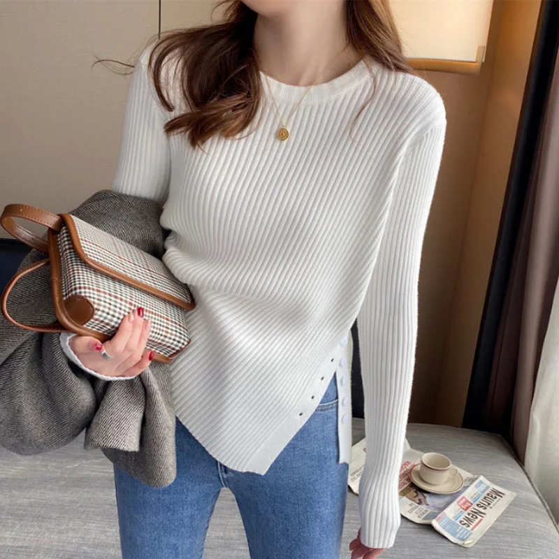 

Knitted Sweater Women Pullovers New Long Sleeve O-Neck Black Slit Knit Sweater Pullover Women Tops Sweaters Women Clothing Q1123