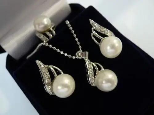 Wholesale price ^^^^White Akoya Pearl Necklace+Ring+earrings Set AAA Grade