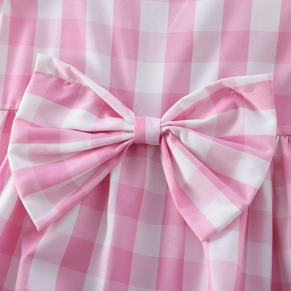 Summer Girl Clothes  Pink Check Girls Dress Flying Sleeve Bowknot Casual Wear Children\'s Costume for 2-6Y 8 sold