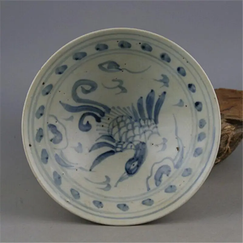 6.9Inch Chinese Antique Yuan Blue and White Porcelain Phoenix Flower Design Bowl