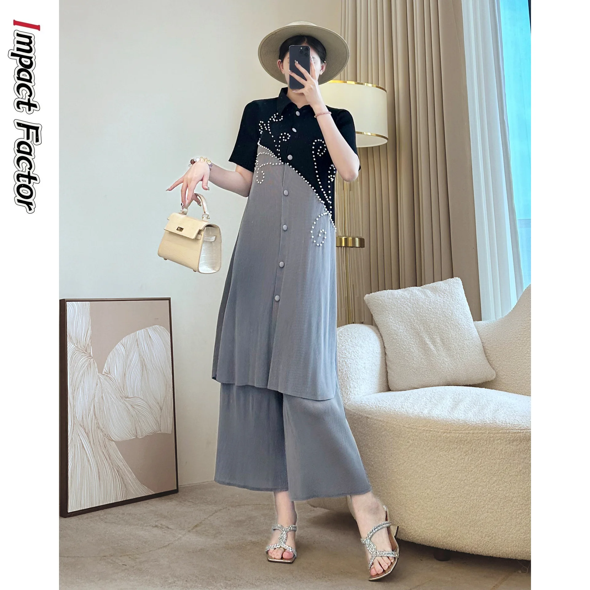 

2025 Miyake High-end Pleated Gray Suit Women's Summer New Loose Top Straight Pants Two-piece Set