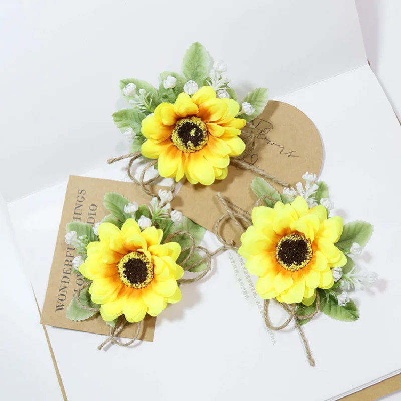 Boutonniere 및 손목 코르사그 연회 파티 가슴 팔찌 꽃 웨딩 용품, 해바라기 플랩 꽃 458