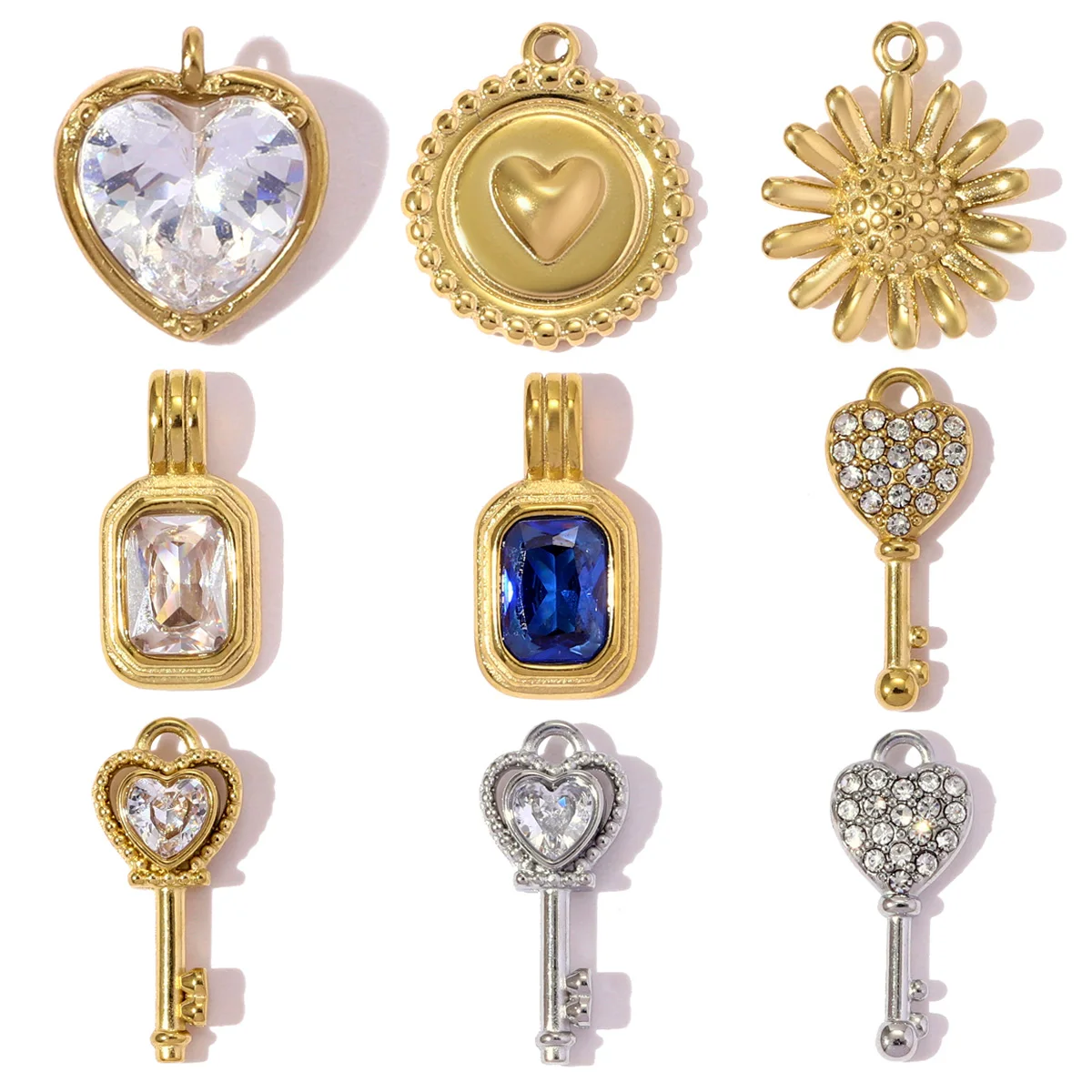 3 teile/los Französisch Retro Edelstahl Strass Liebe Herz Schlüssel DIY Charme Geometrische Suqare Halskette Anhänger Frauen Daisy Jewelr