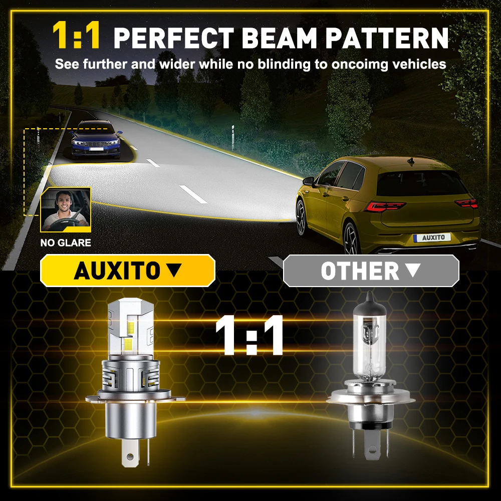 2Pcs AUXITO 30000LM H4 LED Lights Bulb 9003 Headlights High and Low Beam Super Bright with Fan Wireless Style 60W Car Headlamp