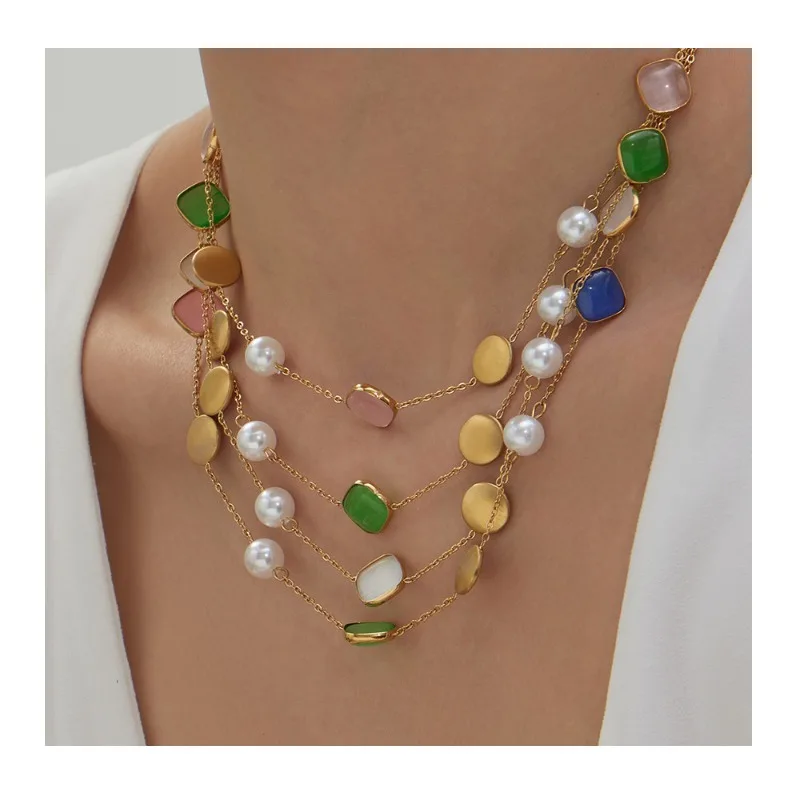 

Stainless Steel Opal Multi-color Necklace Gold-plated Fashion Versatile Light Luxury Personalized Collarbone Chain
