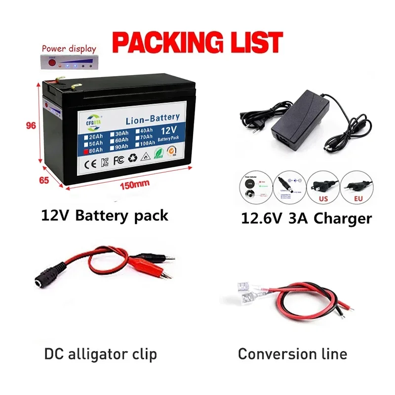 NEW Sprayers 12V 100Ah Built-In High Current 30A BMS 18650 Lithium Battery Pack For Electric Vehicle Batterie 12.6V Charger