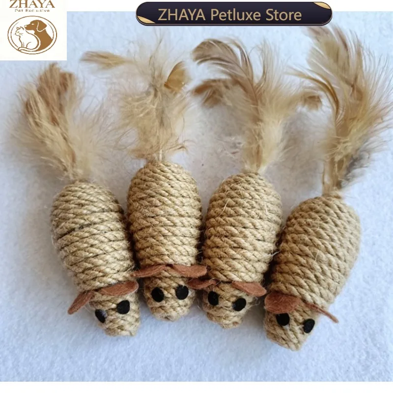 ZHAYA Rustling Hemp Rope Chicken Feather Cat Toy Mouse Interactive Teaser Wand Kitten