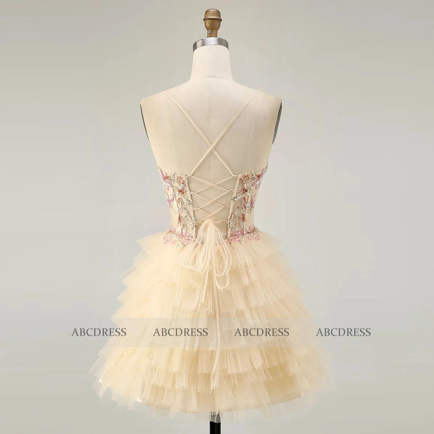 Customized Champagne Floral Appliques Homecoming Dress A Line Tiered Tulle Cocktail Dresses Lace Up Prom Evening Gown