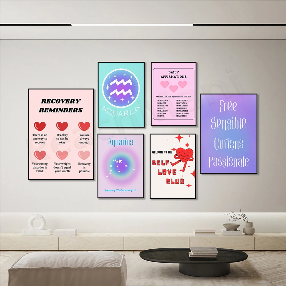 Aquarius aura poster, grainy gradient, daily affirmations positive poster, 90s art, quotes, mental health motivation poster