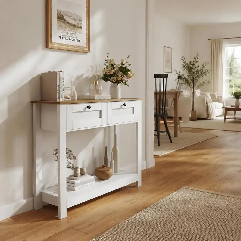 Table console de style farmhouse avec 2 tiroirs, 42 pouces de long, table étroite pour entrée