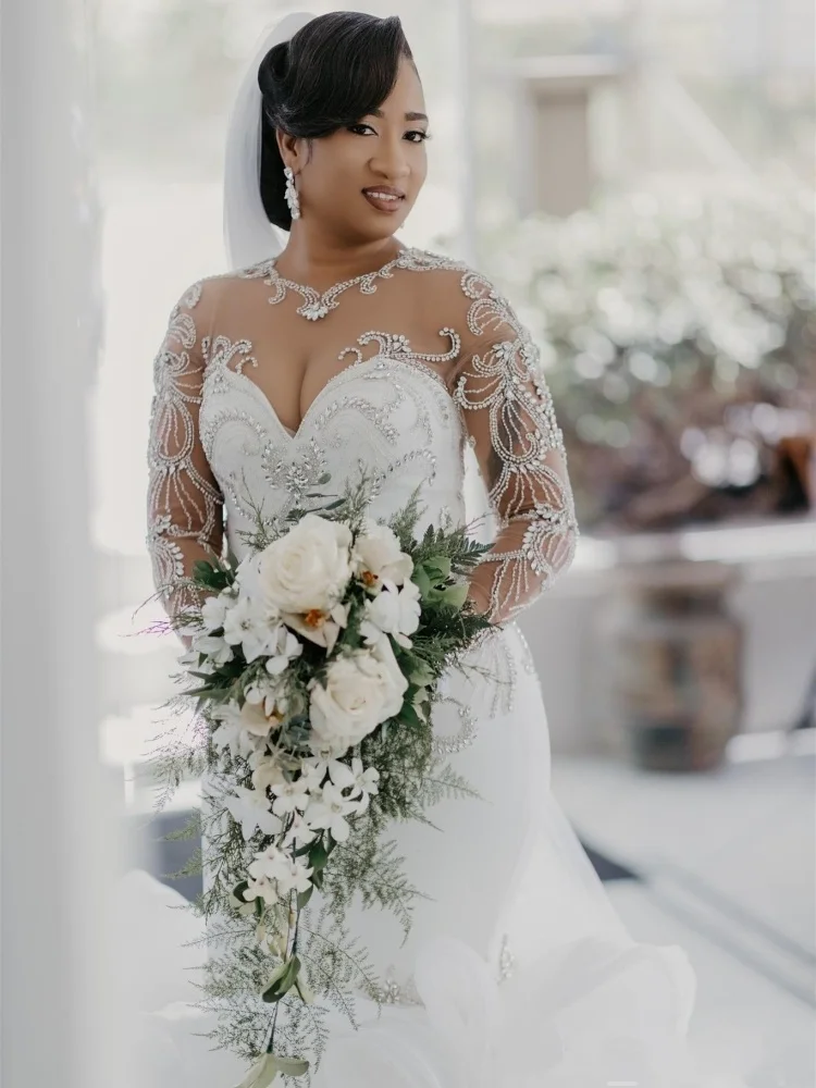 تخصيص الوهم الرقبة سباركلي الخرز بلورات طويلة الأكمام فستان الزفاف Vestido دي Casament الكشكشة المتتالية زي العرائس #2