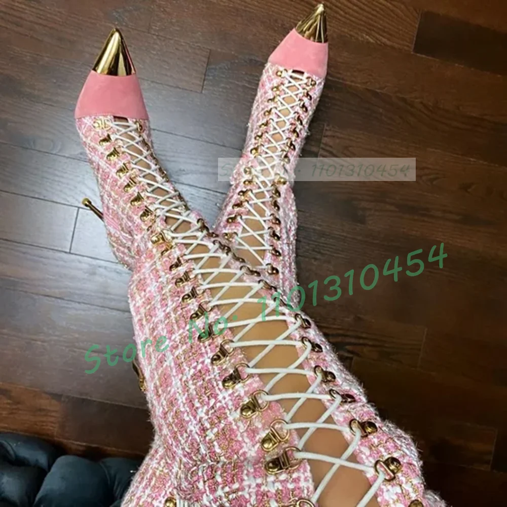 

Pink Plaid Hollow Tall Boots With Metal Pointy Toe Women Cross Tied High Heels Boots Ladies Autumn Fashion Nifty Leggy Boots