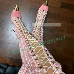 Pink Plaid Hollow Tall Boots With Metal Pointy Toe Women Cross Tied High Heels Boots Ladies Autumn Fashion Nifty Leggy Boots