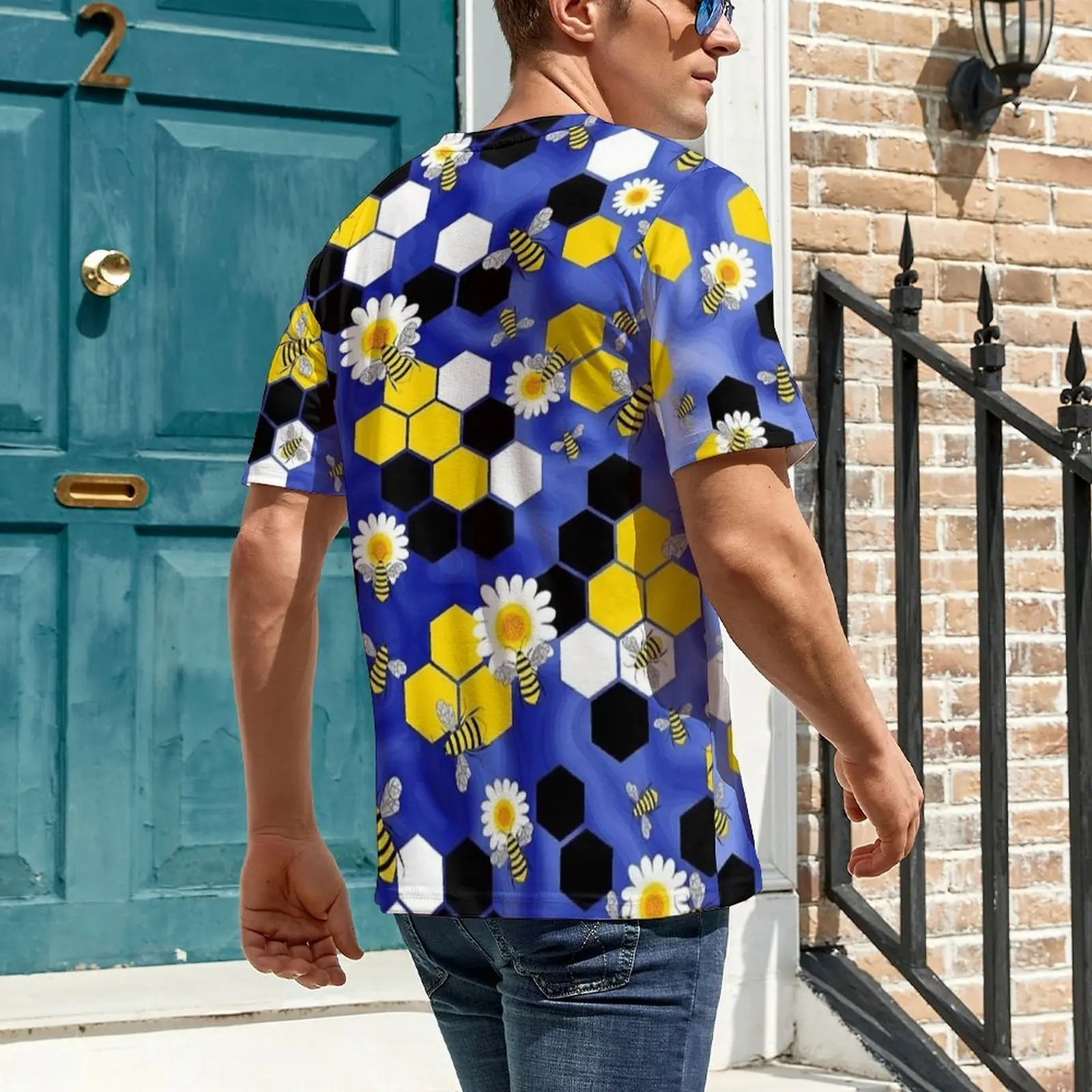 Plus Size T Shirt Summer Bee Daisy Honeycomb Print T-Shirts  Aesthetic O Neck Tee Shirt Male Hip Hop Graphic Tops