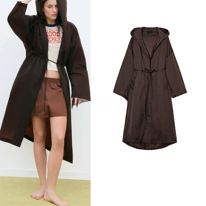 

Comfortable Long Hooded Coat Spring New Arrival Women's Faion Tie-Detail Polyester Fiber 00% Commute Sle Loose Fit