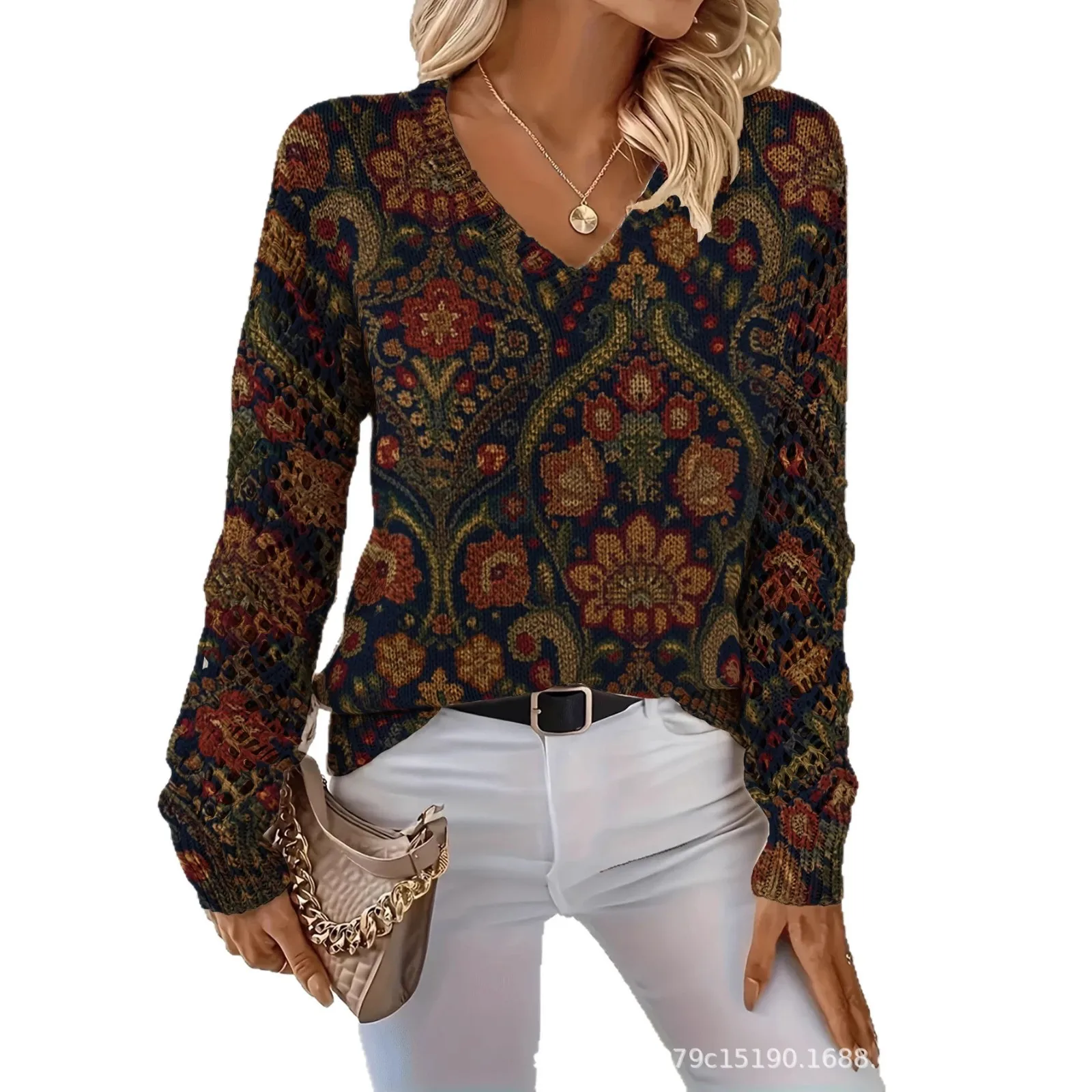 

2025 New Fashion Printed V-neck Knitted Long-sleeved Sweater Women Autumn Casual Loose Retro Home Top For Women