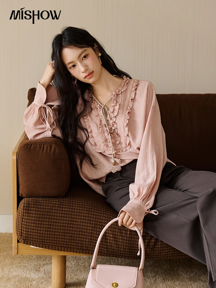 

MISHOW Women's Pink Blouse 2025 Autumn Elegant Fold Edge V-collar Bubble Sleeve Top Loose Casual Commute Blouses MXE45X2485