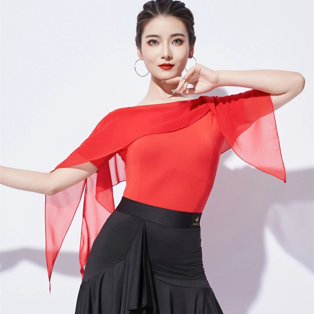 Practice Clothes Women's Long-Sleeved Top Shirt Dance Short-Sleeved Dance Asymmetric Black Round-Neck Red Mesh Dance Clothes