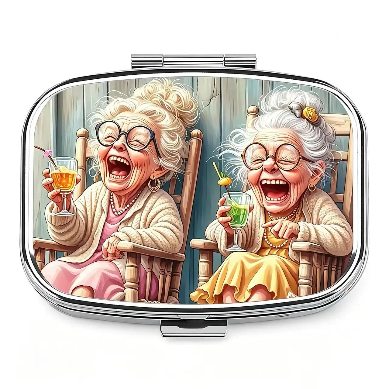 2 Compartments Metal Pill Box, Funny Old Ladies Drinking Print Portable Pocket Pill Case, Mini Travel Medicine Storage Container