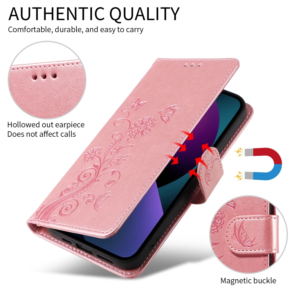 Magnetische Leder-Brieftaschenhülle für Xiaomi Redmi Note 15 Pro Plus 4G 5G Telefonbuchhülle mit Standfunktion Geprägte Blumen- und Schmetterlingsmuster – Detail 4