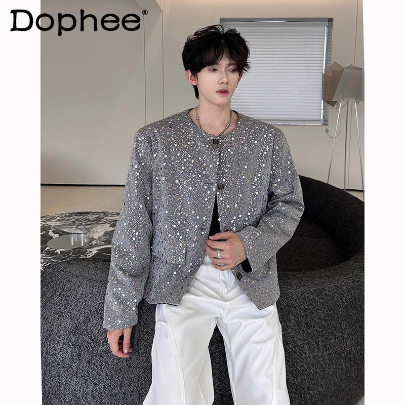 

Men's 2025 Autumn New Sequin Fine Flash Short Jacket Men's Fashion Single Row Multi-Button Small Fragrant High Street Trend Coat