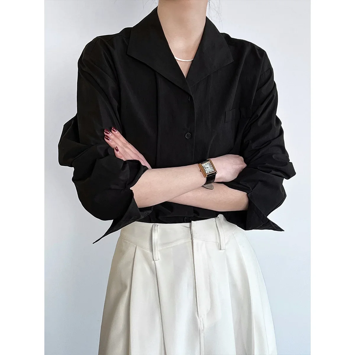 High Density Cotton Green Fruit Collar Long Sleeved French Style Shirt for Women's 2024 Spring New Commuting Shirt