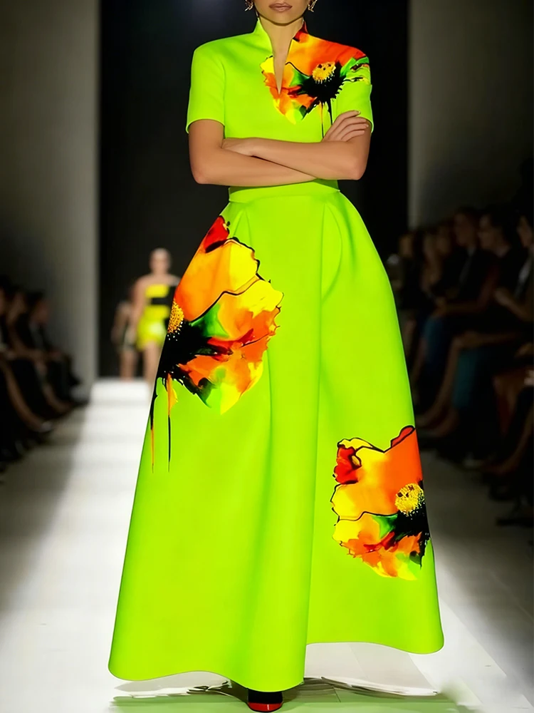 Gymystars Fashion بدلة للنساء مع تنورة خضراء مكونة من قطعتين تنورة طويلة أنيقة مطبوعة بالزهور ورقبة على شكل حرف v طقم سيدة غير رسمي