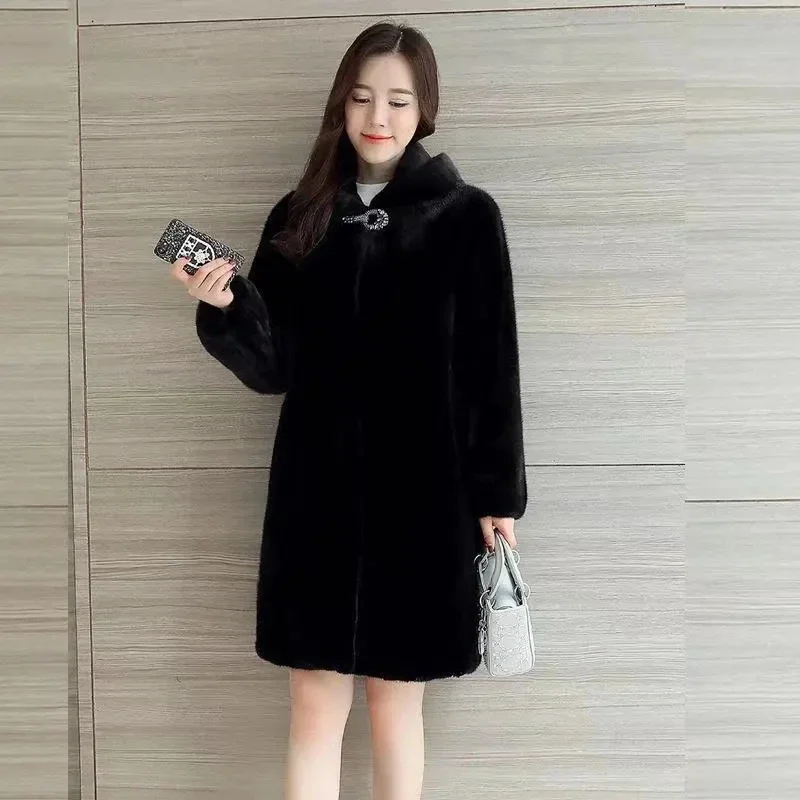 Pop 2024ผู้หญิงใหม่ฤดูหนาวWarm Hooded JacketเลียนแบบMink Fur Coatหญิงกลางยาวเสื้อขนสัตว์Minkหญิงขนาดใหญ่แม่Winte