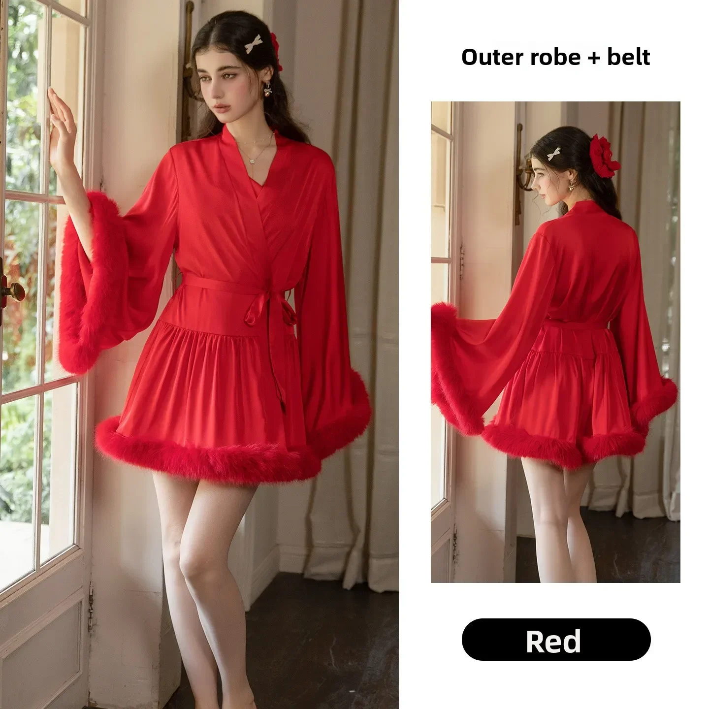 Wedding bridesmaids smooth satin flared sleeves plush stitching loose comfortable waist cinched open top outer robe nightgown