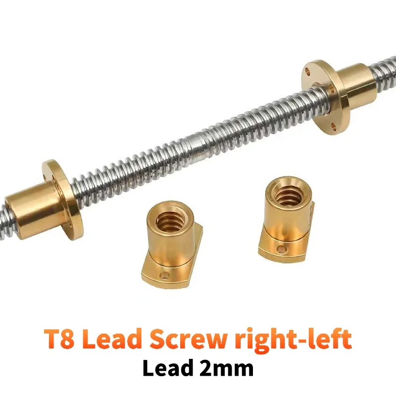 1PC 304 stainless steel  T8 Lead Screw right-left length100-1000mm Lead 2mm with  Nuts Brass H Flange Nut for 3D Printer part