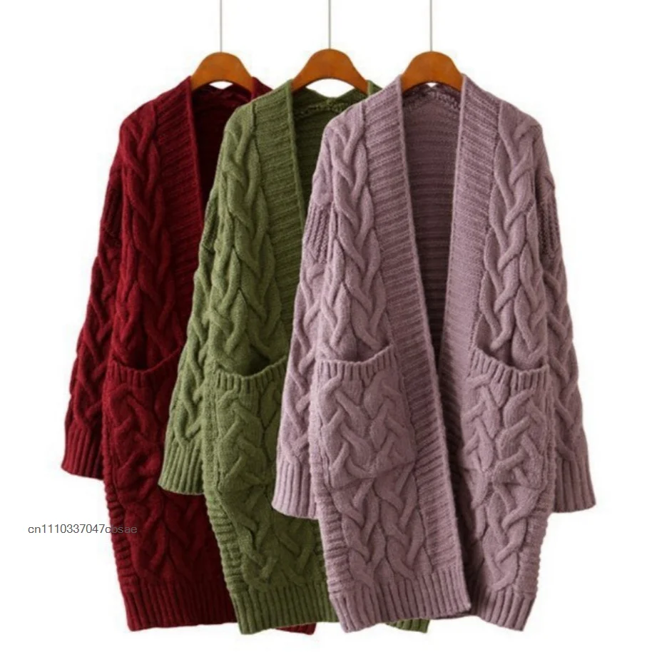 Women's Chunky Cable Knit Duster Cardigan Open Front Longline Sweater With Pockets Casual Wear European Style Knitted Jacket