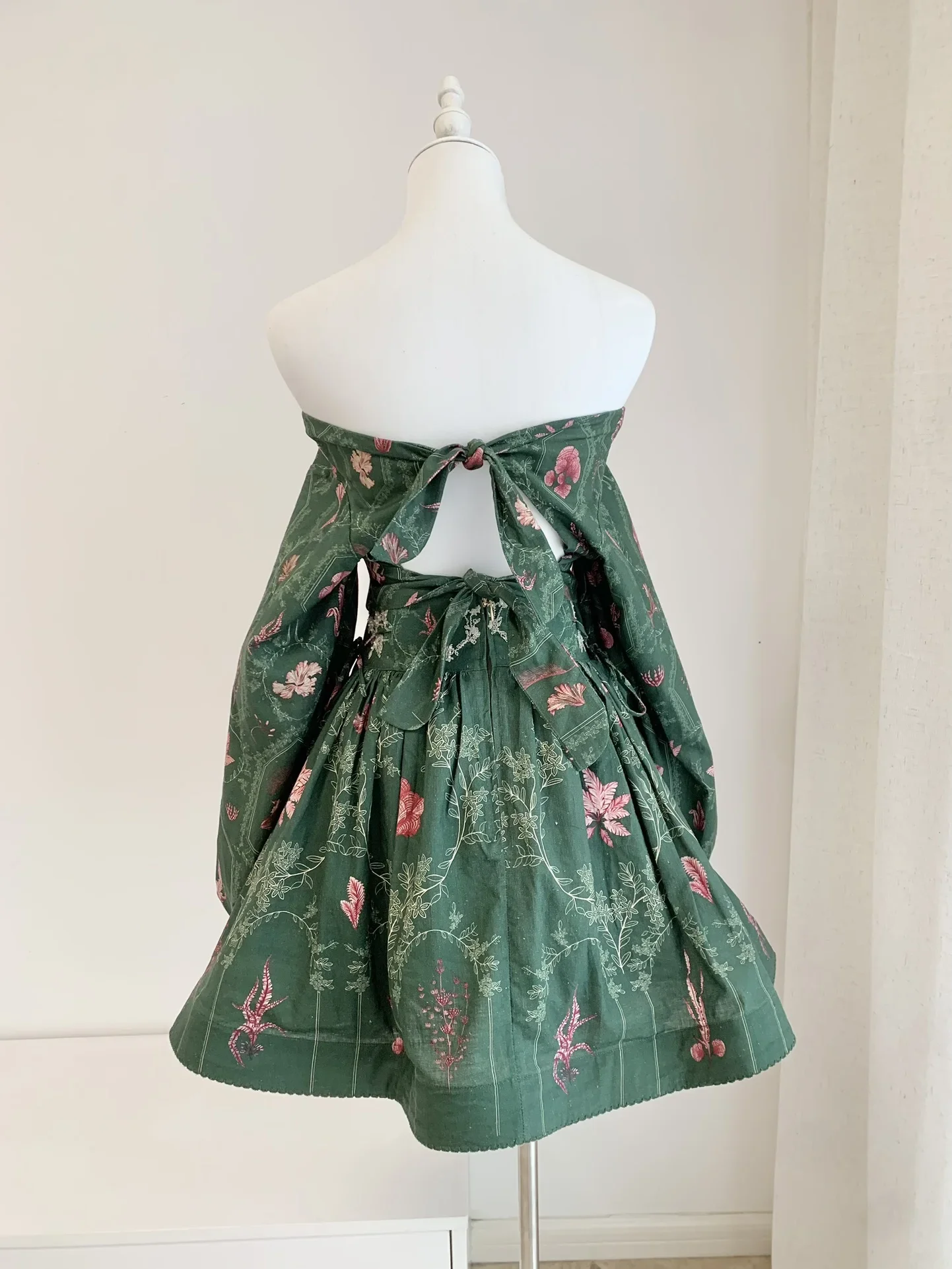 Women Retro Green Flower Print Slash Collar Lantern Sleeve Crop Top+ Embroidery Mini Linen Skirt Set