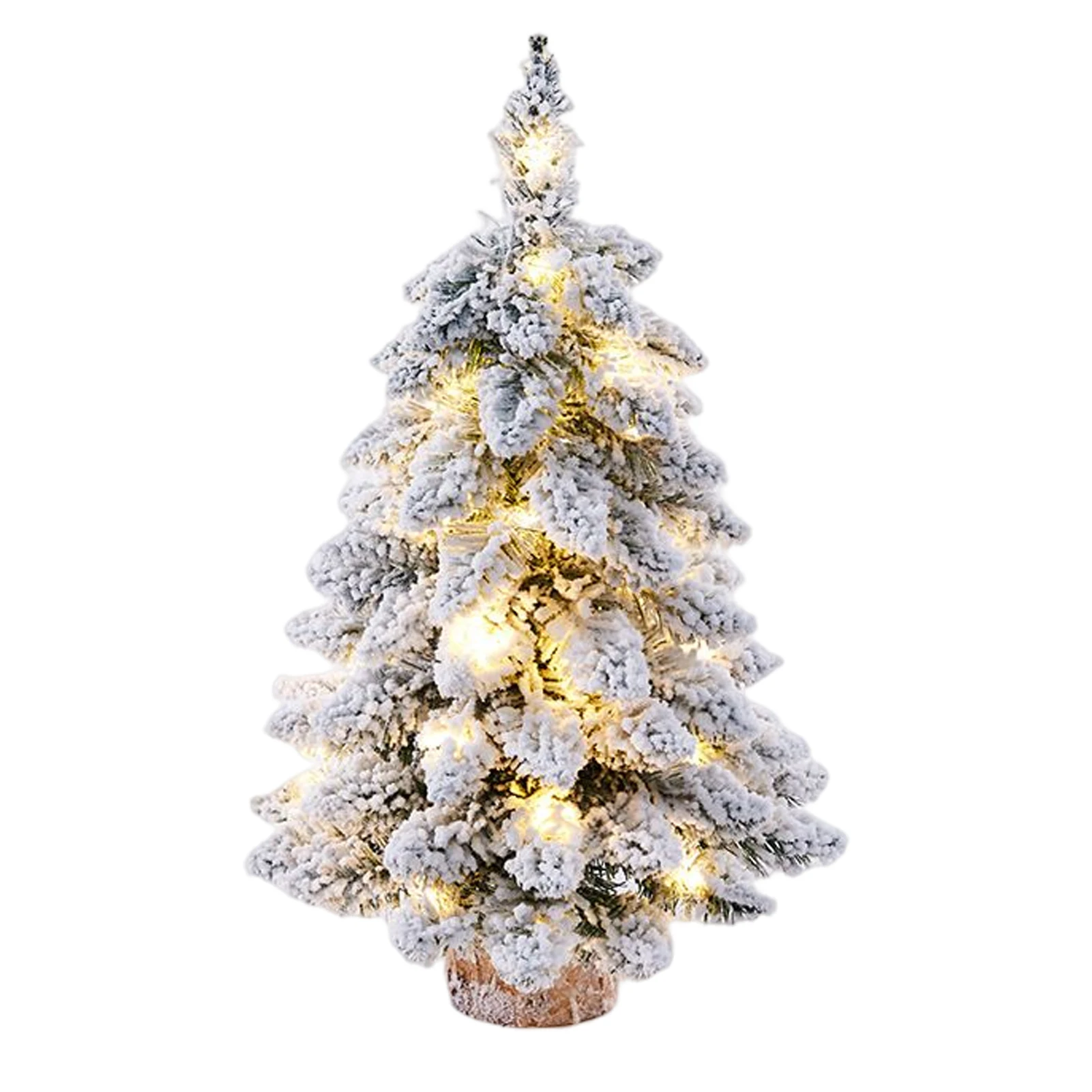 Mini Fake Christmas Tree Sculpture Snow Flocked Christmas Tree with LED Lights for Family Friend Neighbor Gift