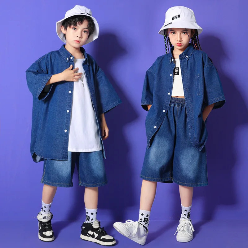 Kid Hip Hop Clothing Denim Blue Shirt Short Sleeve Jacket Top Streetwear Jeans Shorts for Girl Boy Jazz Dance Costume Clothes