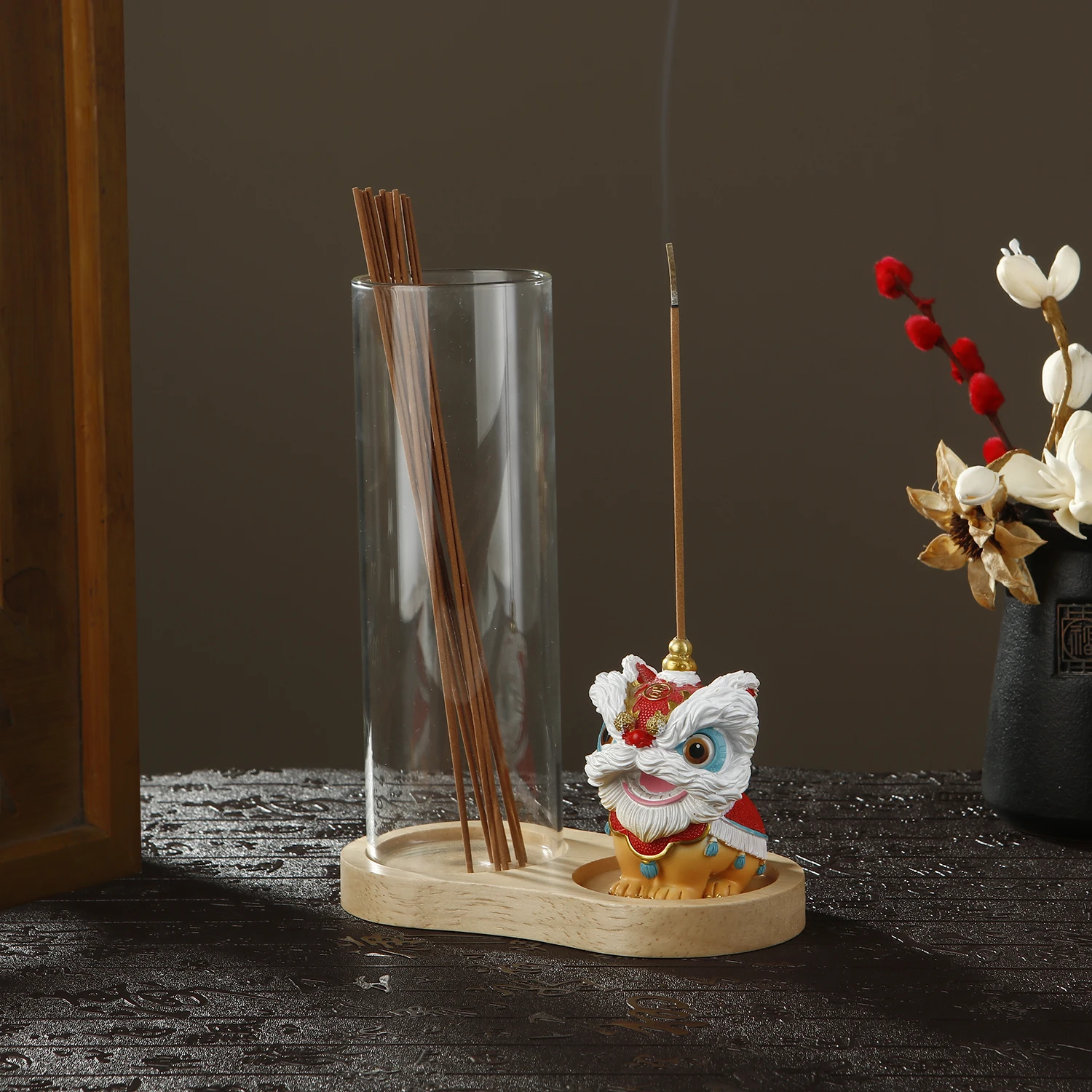 

2 in 1 Incense Holder for Sticks Chinese Lion Incense Burne with Removable Glass d Incense Sticks Organizer for Yoga Home Decor