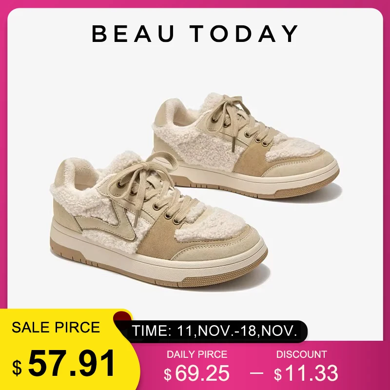 BEAUTODAY Furry Sneakers Women Pig Suede Mixed Colors Patchwork Non-Slip Lace-up Warm Casual Winter Ladies Shoes Handmade 29727