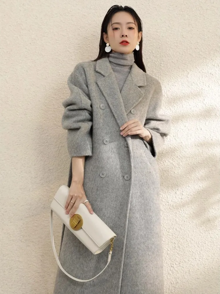 High Grade Gray Double-Sided Cashmere Coat For Women In Autumn And Winter With Hand Sewn Lapel And Double Breasted Long Coat