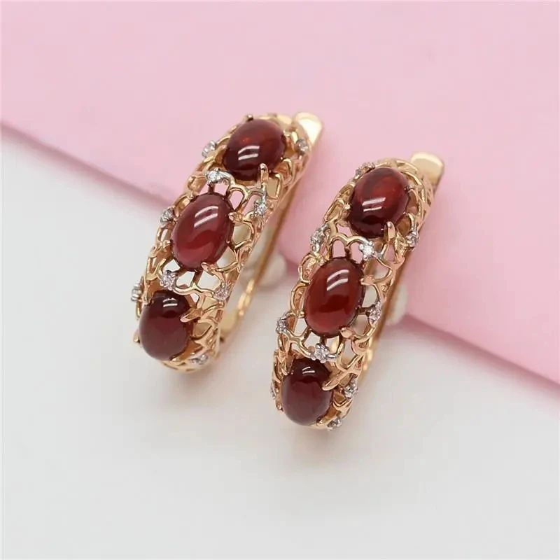 Light luxury jewelry 585 purple gold inlaid red crystal ear buckle new product charm exquisite hollow design earrings for women