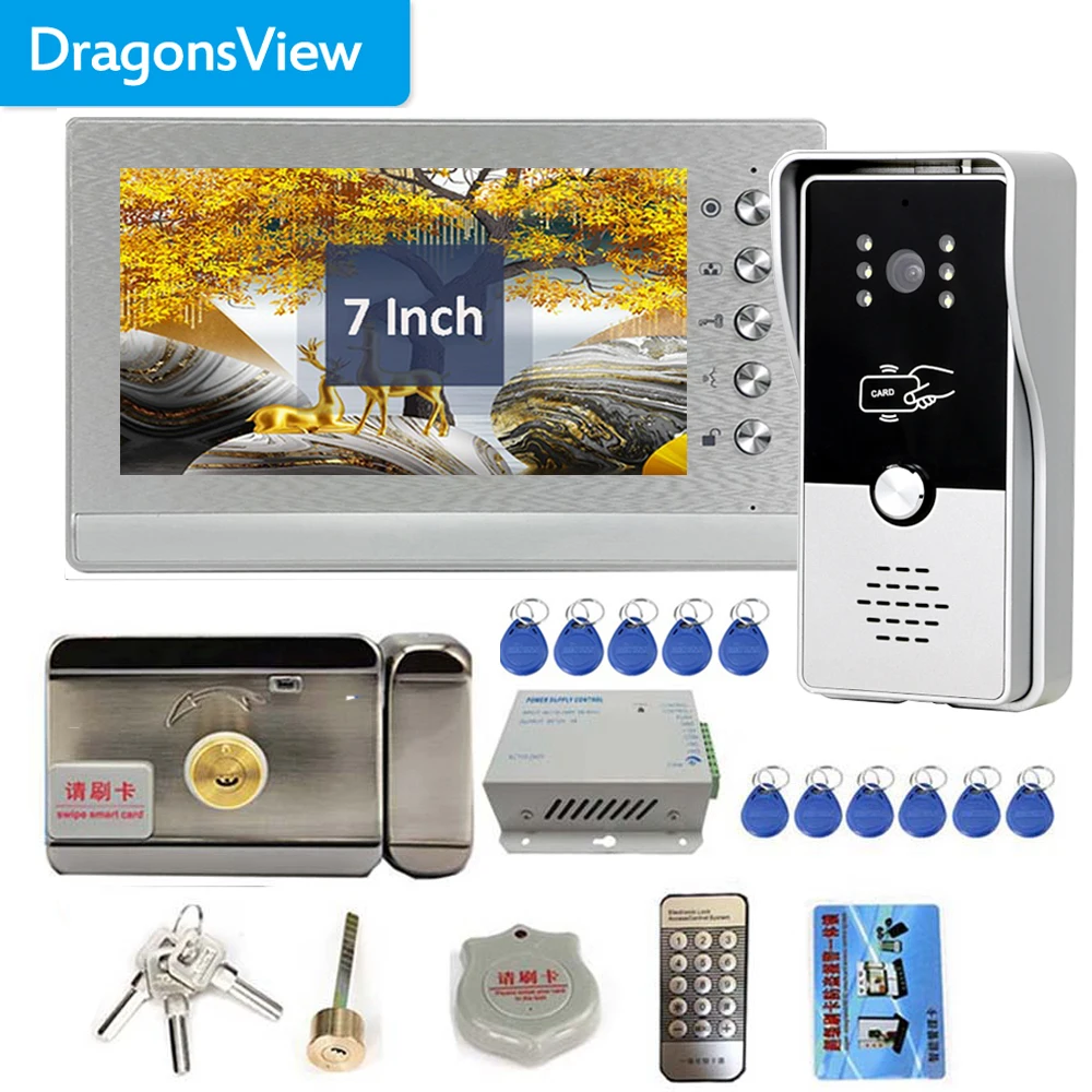 Dragonsview-sistema de intercomunicación de vídeo RFID, 7 pulgadas, timbre de puerta con cámara, cerradura electrónica, desbloqueo, Control de acceso de puerta